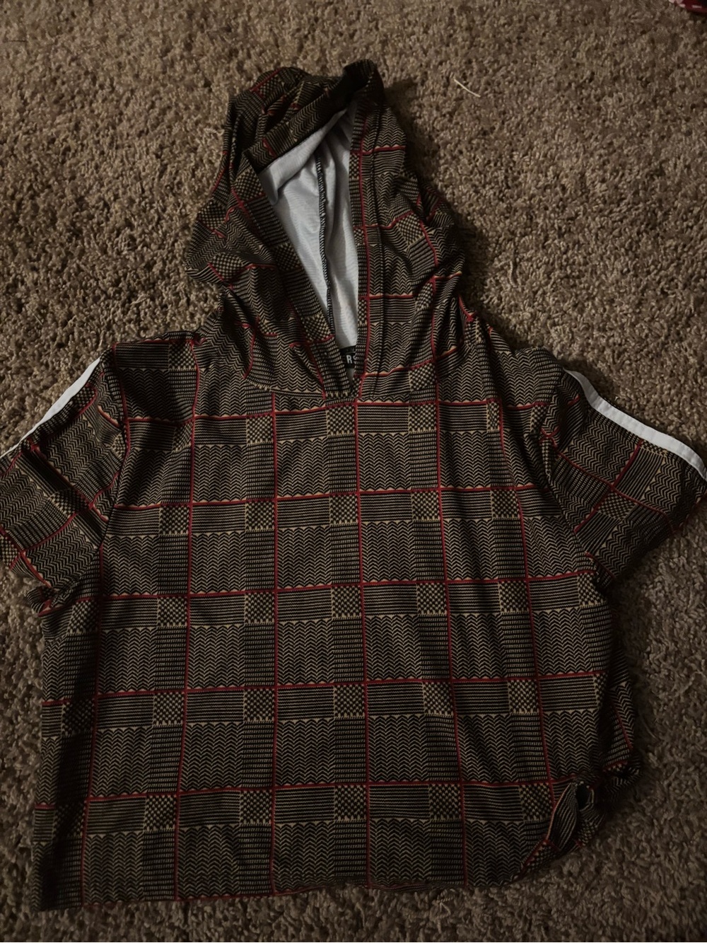 Plaid Cropped Hooded Short Sleeve Top with Red Windowpane